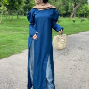 Midnight Blue Side-Slit Oversized Long Shirt