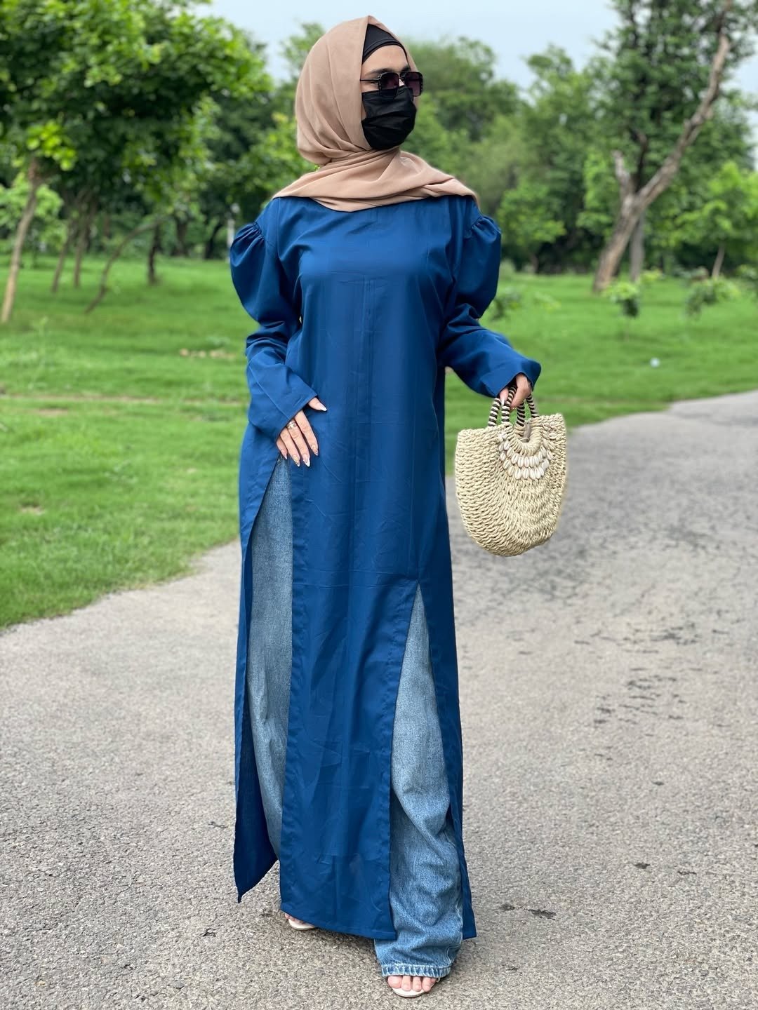 Midnight Blue Side-Slit Oversized Long Shirt